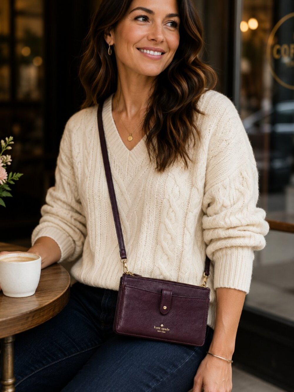 Kate Spade Pebbled Leather Crossbody Wallet Purse Plum Burgundy Gold EUC